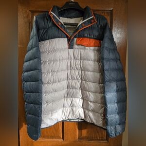 Eddie Bauer Men's Stratuslite Down Snap Mock Pullover Jacket Grey/Orange Sz M